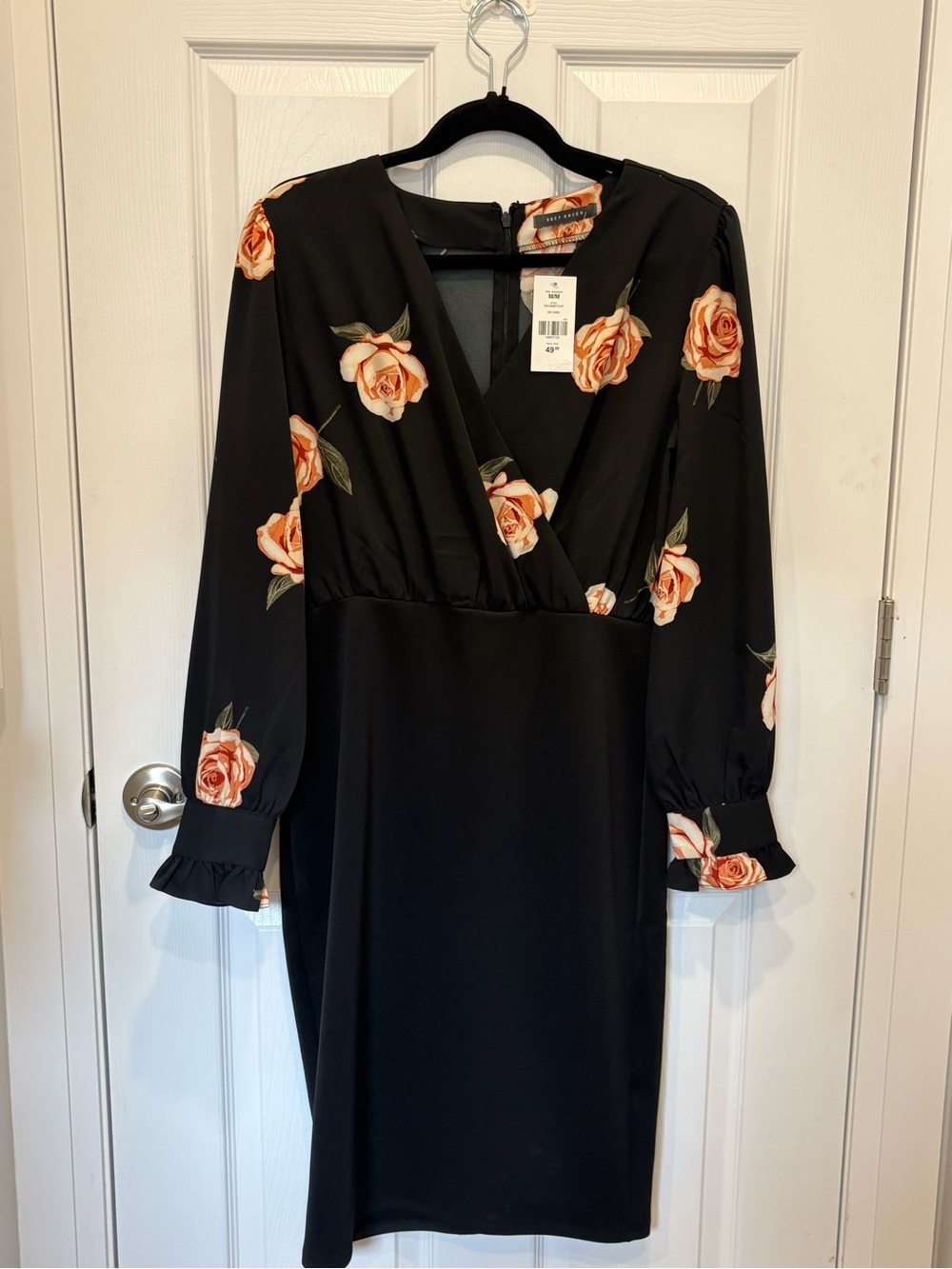 Suzy shier Black Floral Wrap-Front Long Sleeve Dress #1101